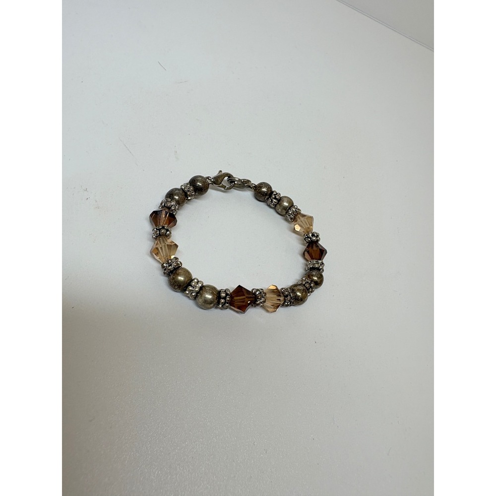 Vintage Style Beaded Bracelet Honey Cognac Glass Crystal Silver Tone